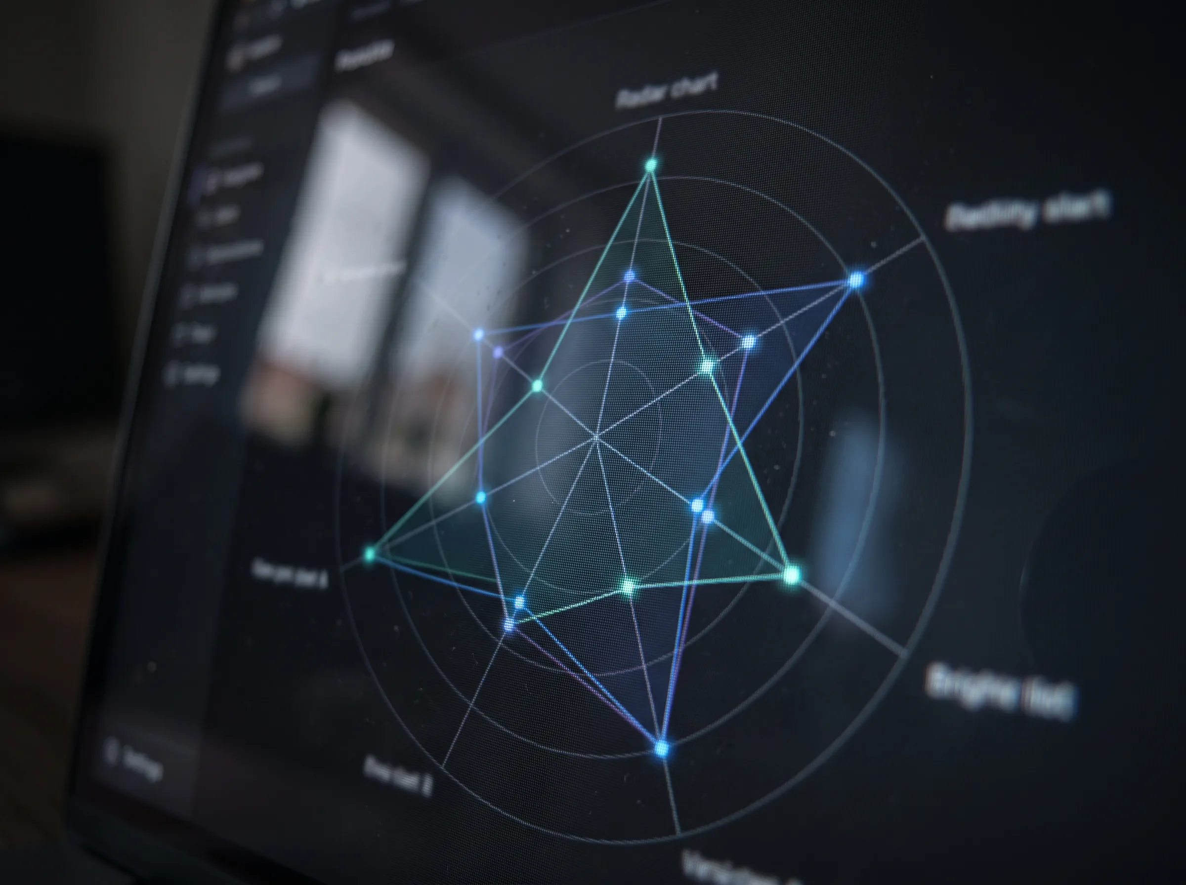 A close-up of a laptop screen showing a psychometric radar chart with glowing data points
